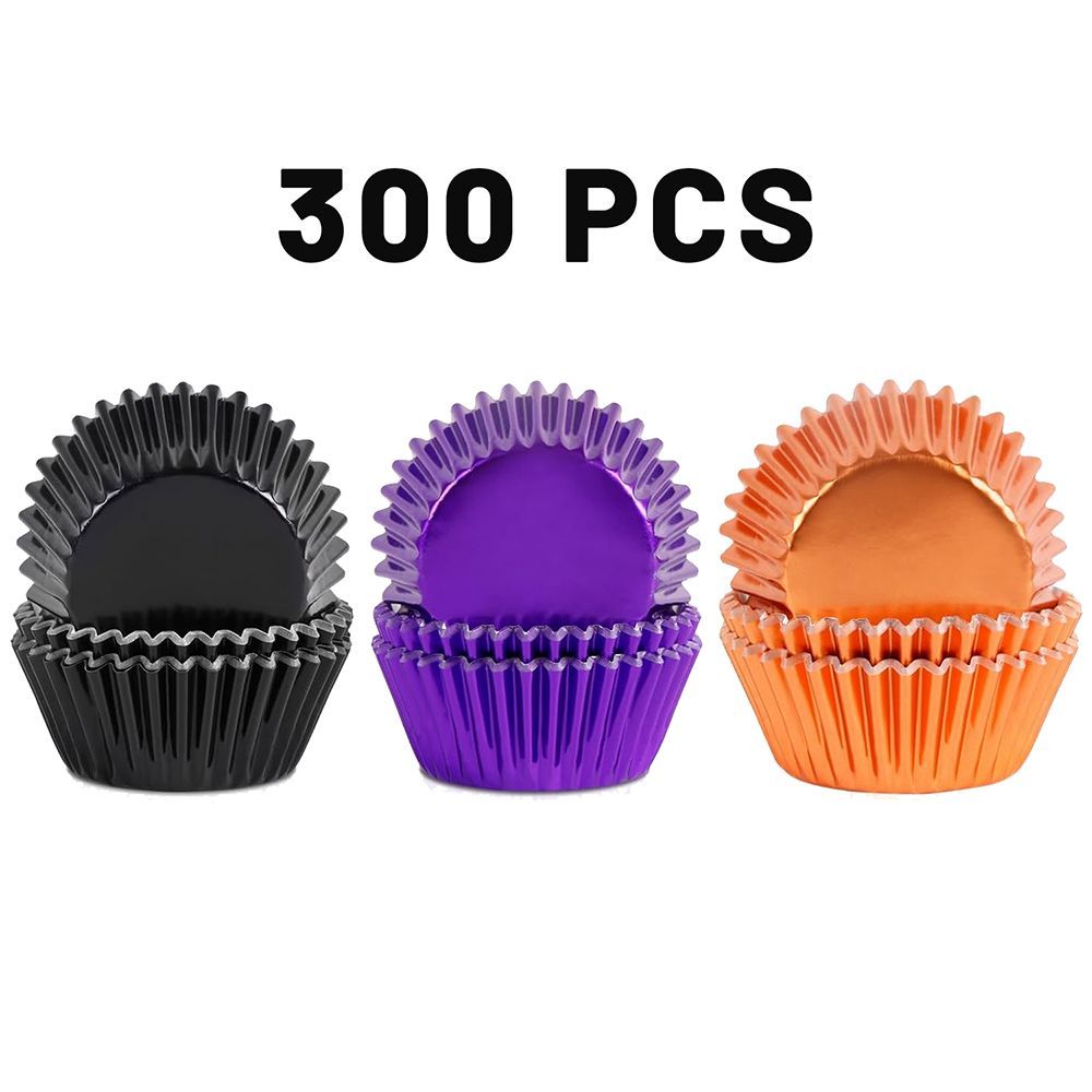 300 Pcs Halloween Foil Cupcake Liners Black Purple Orange Foil Metallic Cupcake Wrappers Halloween Party Standard For Halloween Party Birthday