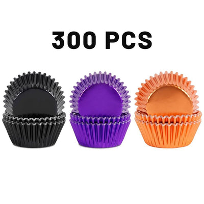 300 Pcs Halloween Foil Cupcake Liners Black Purple Orange Foil Metallic Cupcake Wrappers Halloween Party Standard For Halloween Party Birthday