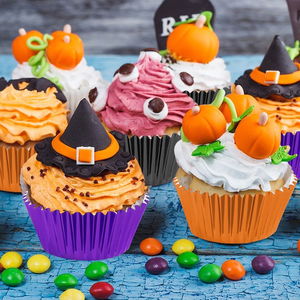 300 Pcs Halloween Foil Cupcake Liners Black Purple Orange Foil Metallic Cupcake Wrappers Halloween Party Standard For Halloween Party Birthday