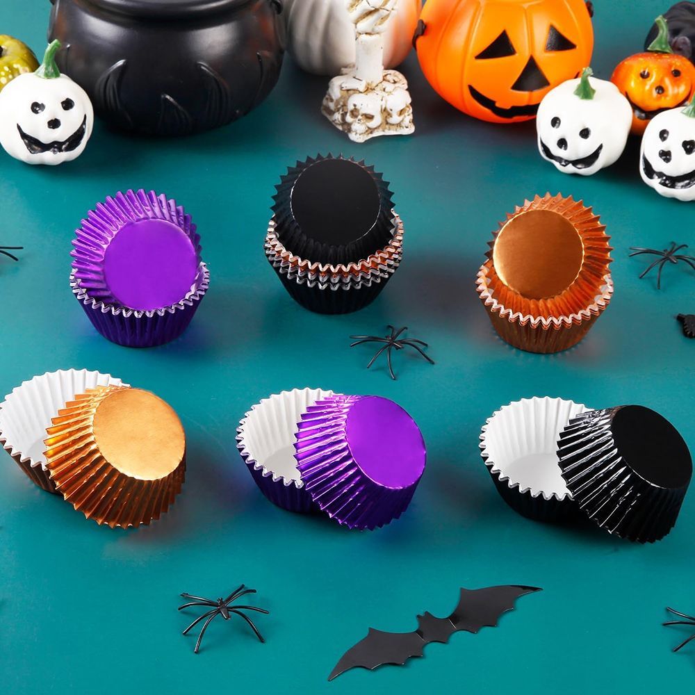 300 Pcs Halloween Foil Cupcake Liners Black Purple Orange Foil Metallic Cupcake Wrappers Halloween Party Standard For Halloween Party Birthday