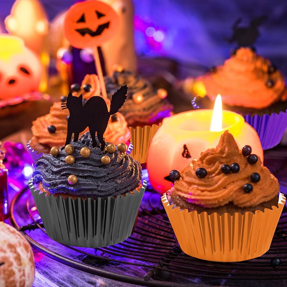 300 Pcs Halloween Foil Cupcake Liners Black Purple Orange Foil Metallic Cupcake Wrappers Halloween Party Standard For Halloween Party Birthday