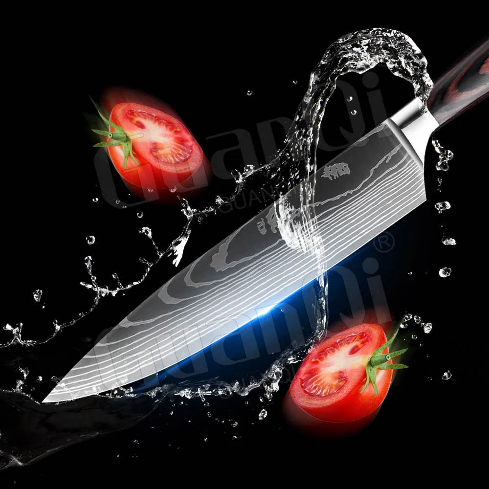 Professional Kitchen Knives Sets Sharp Cleaver Slicing Knife Wood Handle Cooking Tool Laser Damascus Pattern knives set 1-10PCS