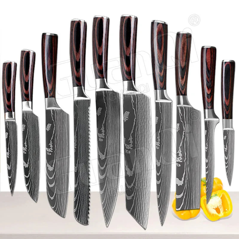 Professional Kitchen Knives Sets Sharp Cleaver Slicing Knife Wood Handle Cooking Tool Laser Damascus Pattern knives set 1-10PCS