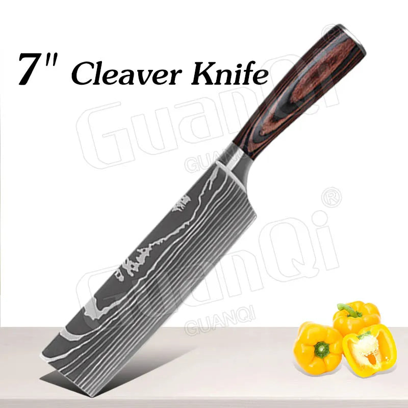 Professional Kitchen Knives Sets Sharp Cleaver Slicing Knife Wood Handle Cooking Tool Laser Damascus Pattern knives set 1-10PCS