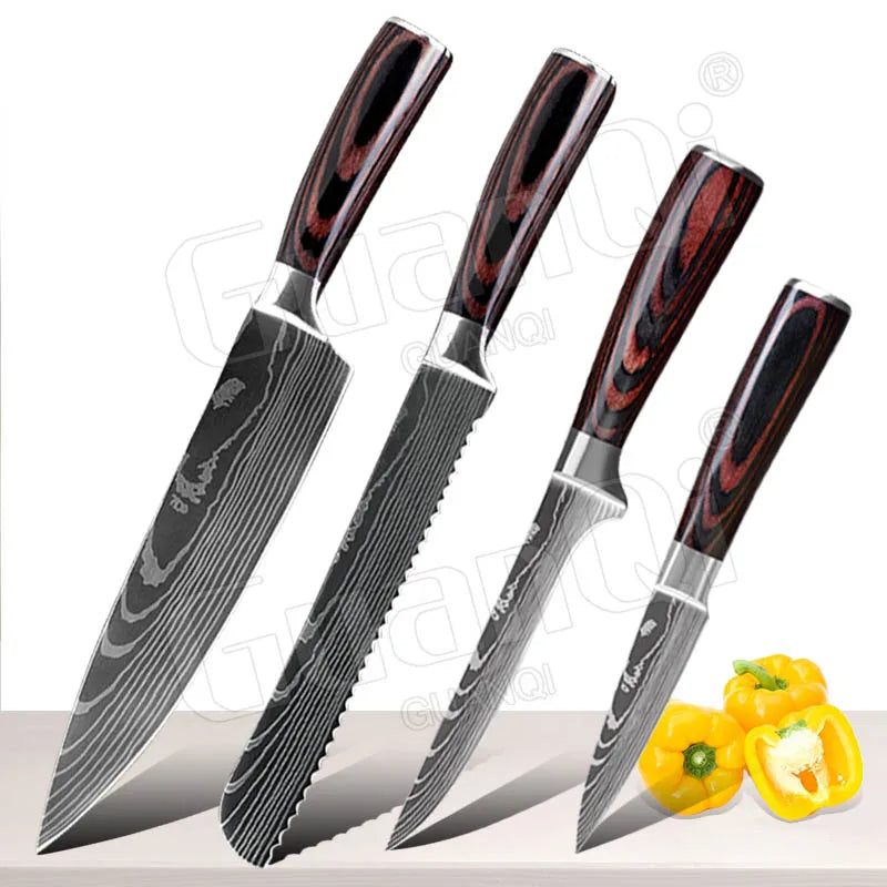 Professional Kitchen Knives Sets Sharp Cleaver Slicing Knife Wood Handle Cooking Tool Laser Damascus Pattern knives set 1-10PCS