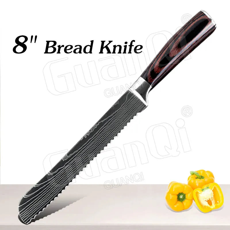 Professional Kitchen Knives Sets Sharp Cleaver Slicing Knife Wood Handle Cooking Tool Laser Damascus Pattern knives set 1-10PCS