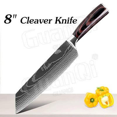 Professional Kitchen Knives Sets Sharp Cleaver Slicing Knife Wood Handle Cooking Tool Laser Damascus Pattern knives set 1-10PCS