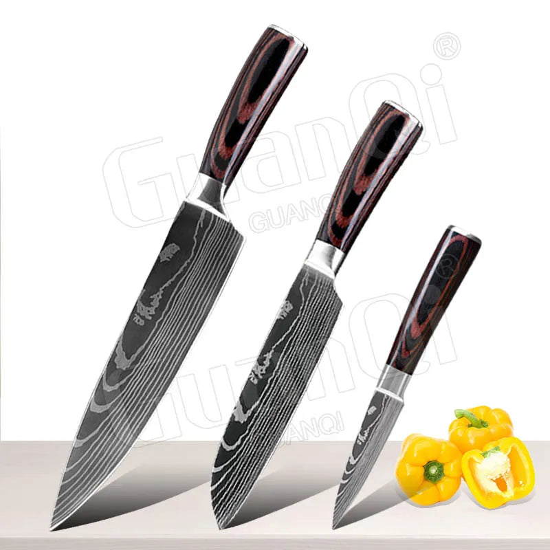 Professional Kitchen Knives Sets Sharp Cleaver Slicing Knife Wood Handle Cooking Tool Laser Damascus Pattern knives set 1-10PCS