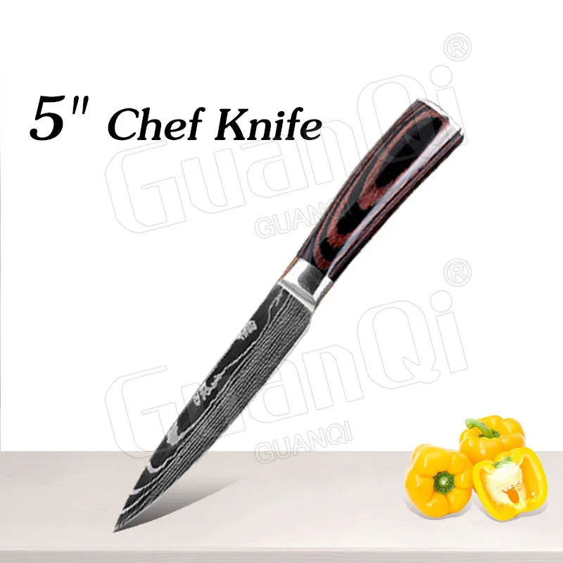 Professional Kitchen Knives Sets Sharp Cleaver Slicing Knife Wood Handle Cooking Tool Laser Damascus Pattern knives set 1-10PCS