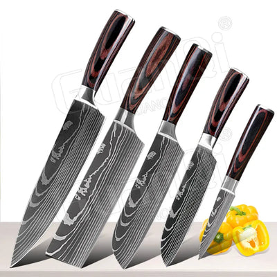 Professional Kitchen Knives Sets Sharp Cleaver Slicing Knife Wood Handle Cooking Tool Laser Damascus Pattern knives set 1-10PCS