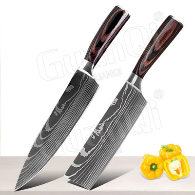 Professional Kitchen Knives Sets Sharp Cleaver Slicing Knife Wood Handle Cooking Tool Laser Damascus Pattern knives set 1-10PCS