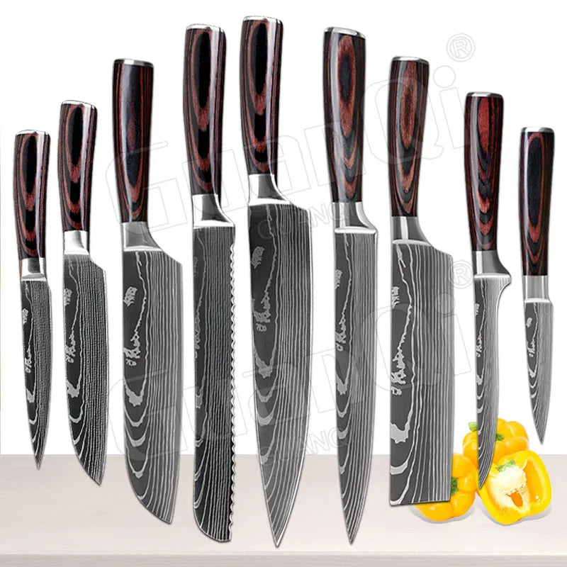 Professional Kitchen Knives Sets Sharp Cleaver Slicing Knife Wood Handle Cooking Tool Laser Damascus Pattern knives set 1-10PCS