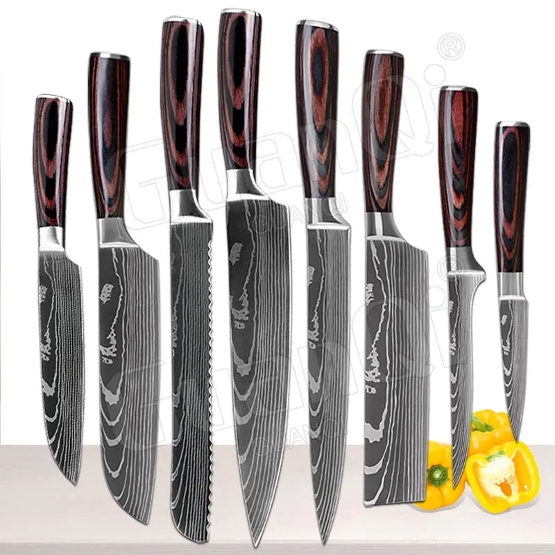 Professional Kitchen Knives Sets Sharp Cleaver Slicing Knife Wood Handle Cooking Tool Laser Damascus Pattern knives set 1-10PCS