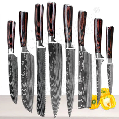 Professional Kitchen Knives Sets Sharp Cleaver Slicing Knife Wood Handle Cooking Tool Laser Damascus Pattern knives set 1-10PCS