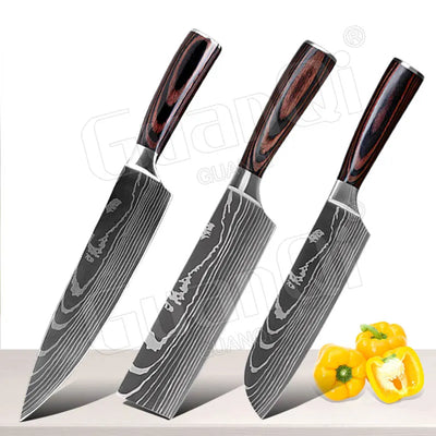 Professional Kitchen Knives Sets Sharp Cleaver Slicing Knife Wood Handle Cooking Tool Laser Damascus Pattern knives set 1-10PCS