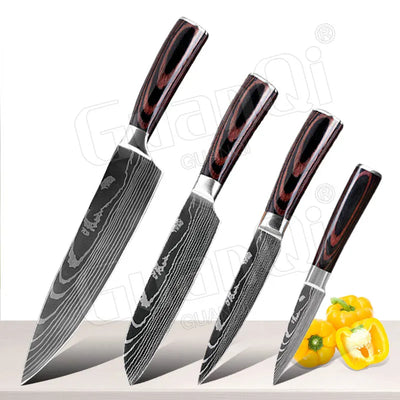 Professional Kitchen Knives Sets Sharp Cleaver Slicing Knife Wood Handle Cooking Tool Laser Damascus Pattern knives set 1-10PCS
