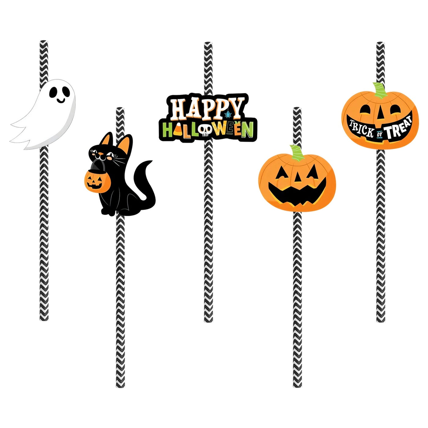 Set Of 25Pcs Halloween Party Striped Decorative Straws Disposable Drinking Straws Paper Straw Decor Happy Halloween Ghost Lantern Black Cat Halloween Party Supplies