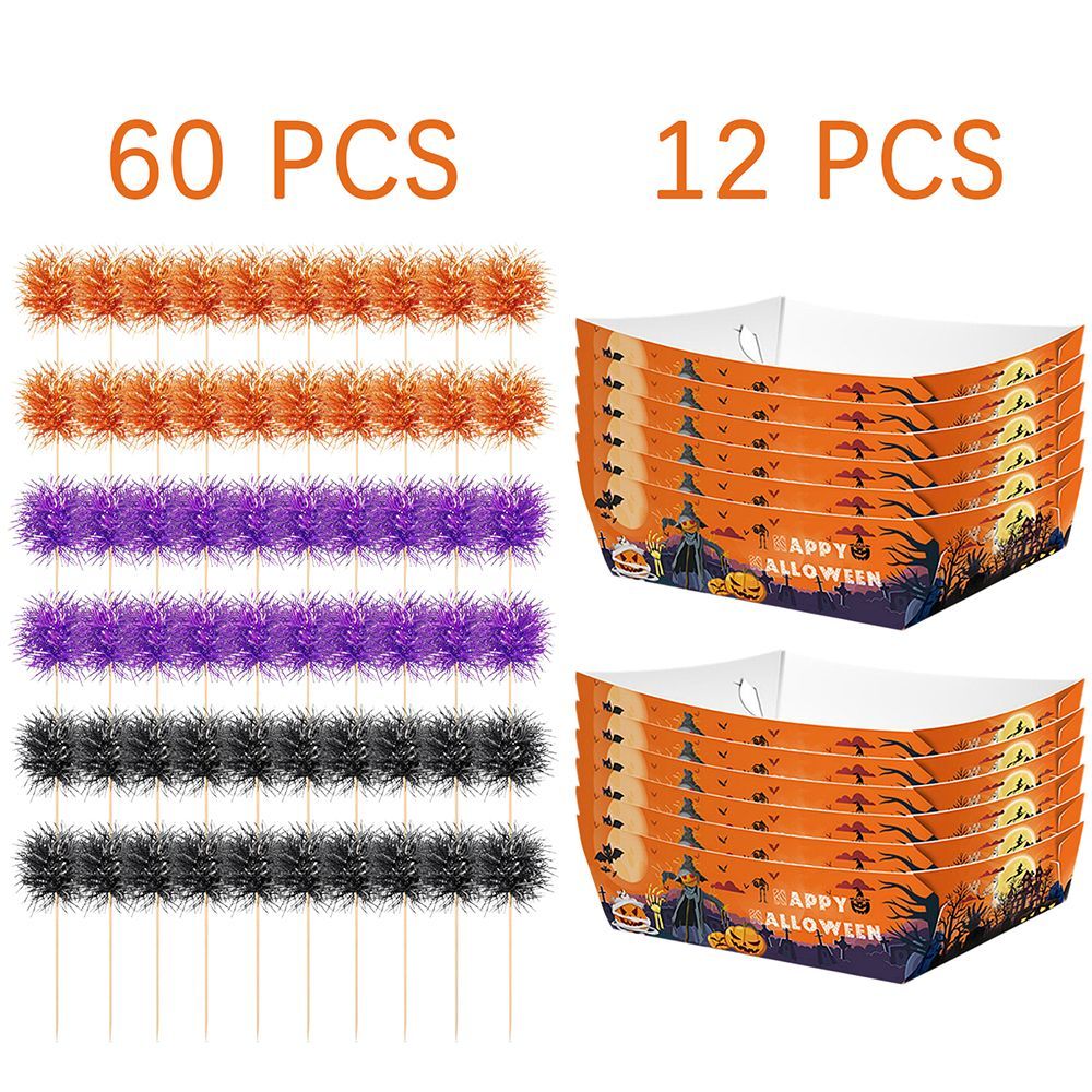 72 Pcs Halloween Party Supplies Halloween Disposable Paper Food Trays With 60 Pcs Firework Party Picks For Halloween Food Storage Charcuterie Board Serving