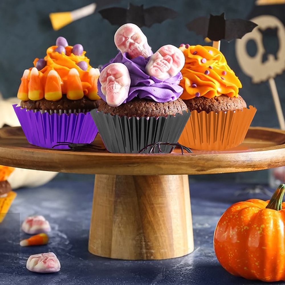 300 Pcs Halloween Foil Cupcake Liners Black Purple Orange Foil Metallic Cupcake Wrappers Halloween Party Standard For Halloween Party Birthday